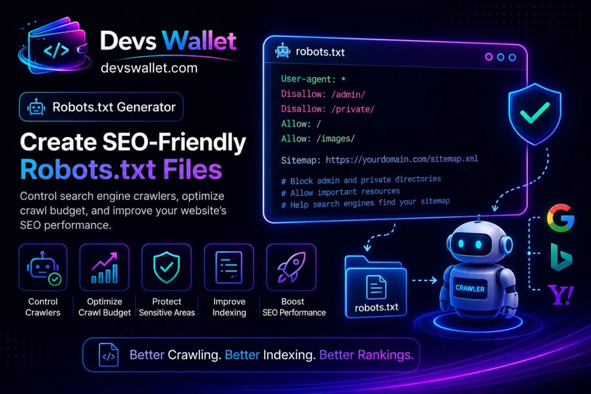 Robots.txt Generator tool showing crawler rules, SEO directives, and search engine access management