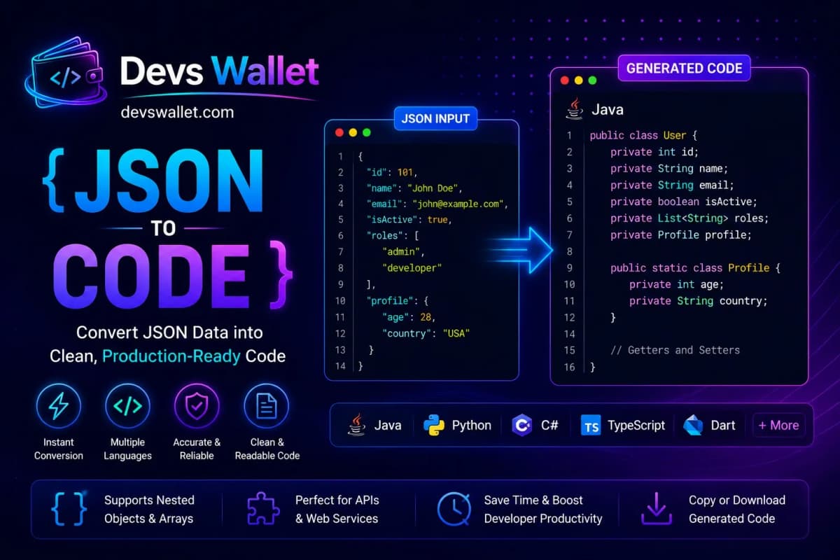 JSON to Code Generator tool converting JSON data into programming language code
