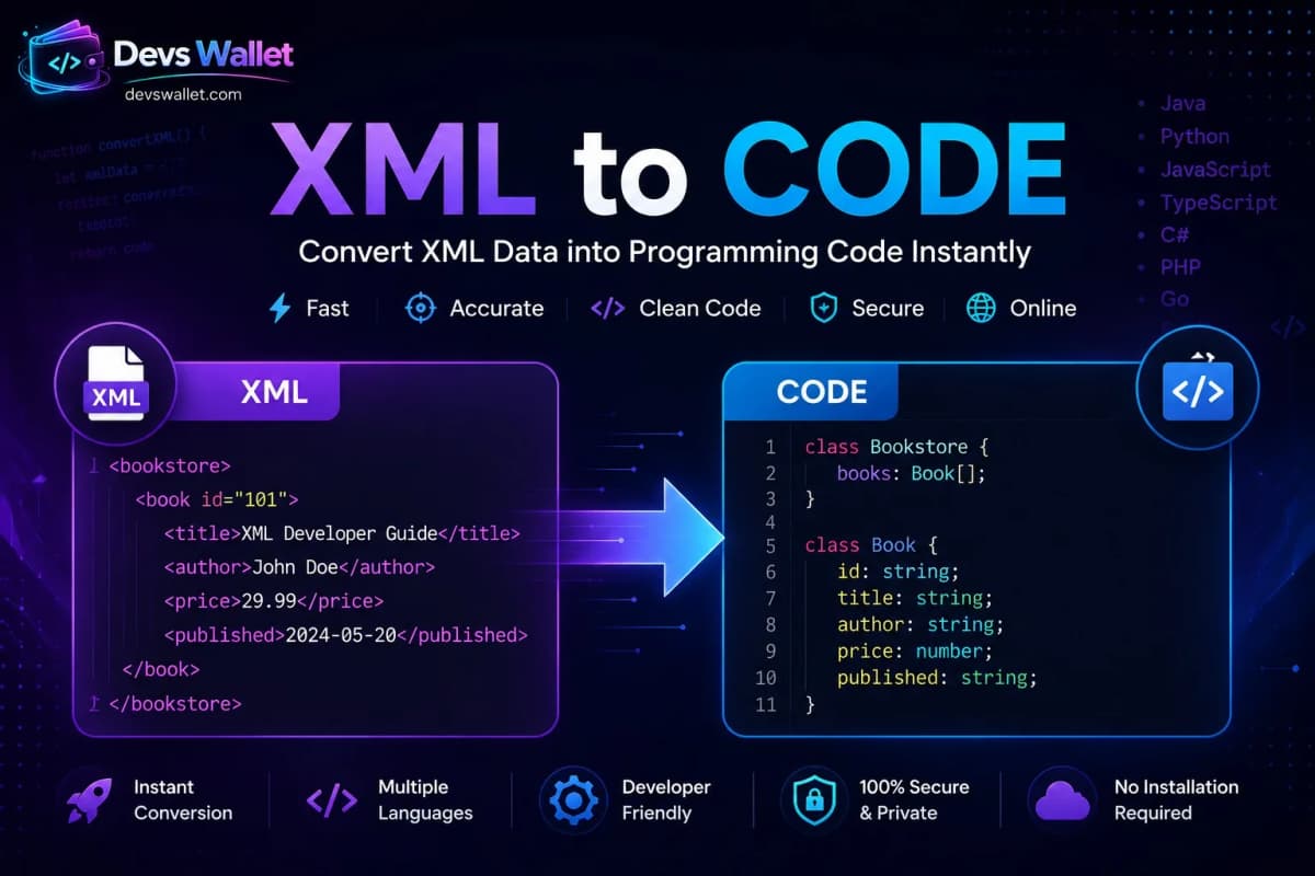 XML to Code Converter featured image showing XML converted into source code