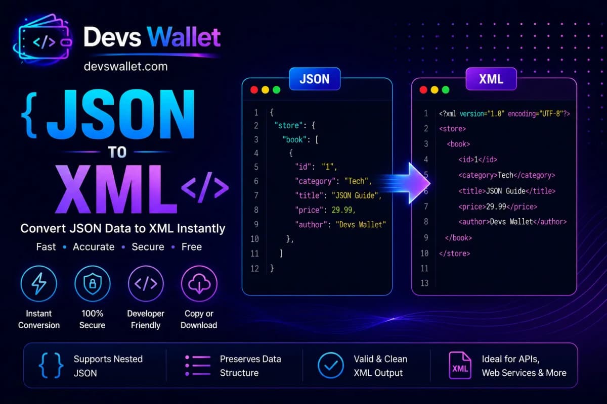 JSON to XML Converter tool converting JSON objects into XML documents