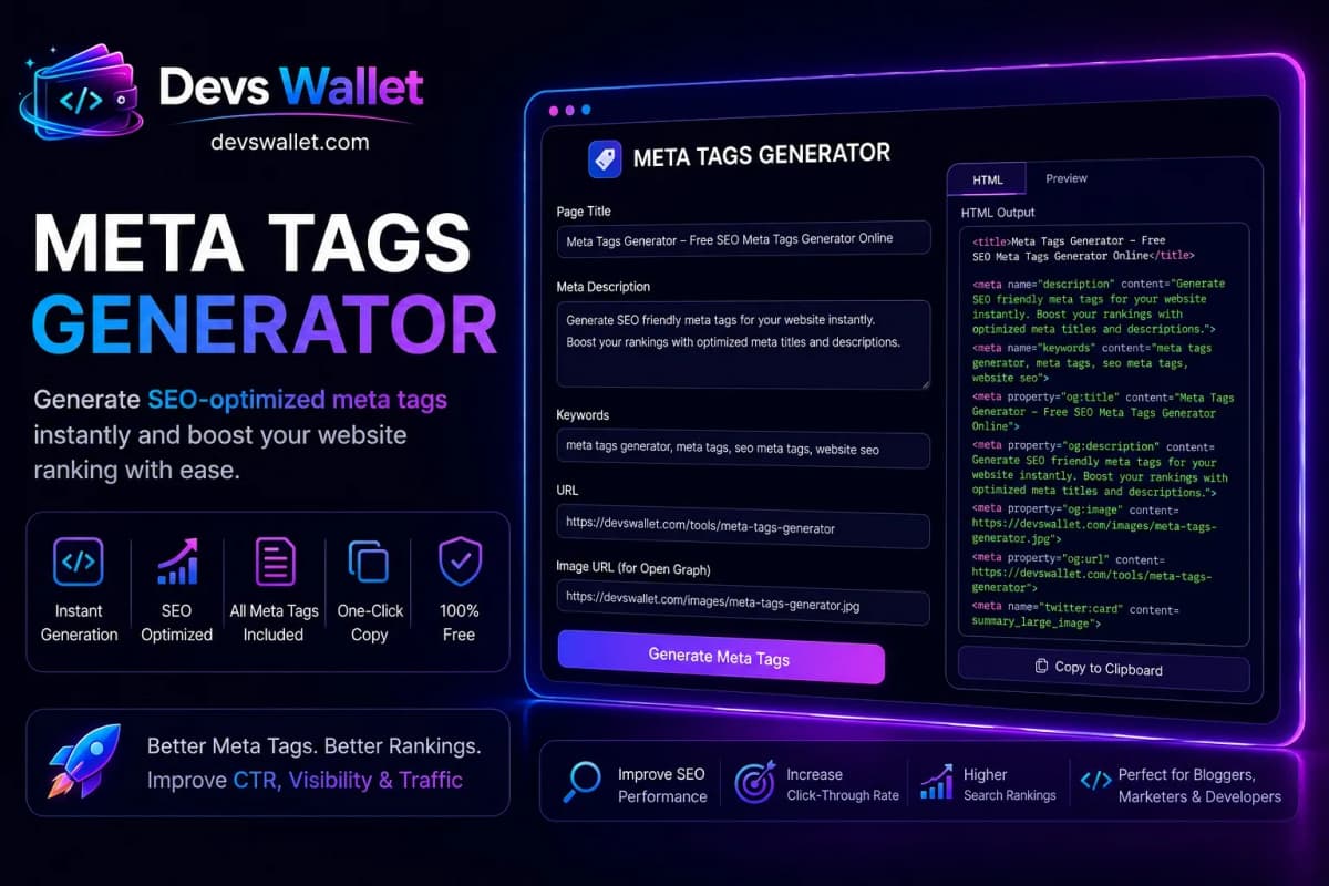 Meta Tags Generator tool for creating SEO-friendly HTML meta tags, Open Graph tags, Twitter Cards, and robots metadata.