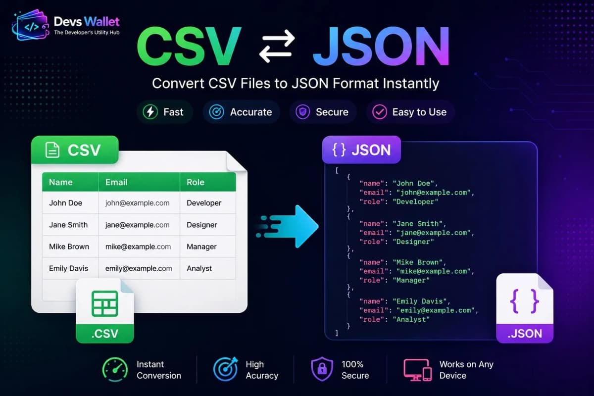 CSV to JSON guide featured image showing spreadsheet data converted into JSON format