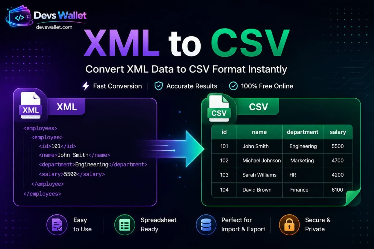XML to CSV Converter featured image showing XML data converted into CSV spreadsheet format