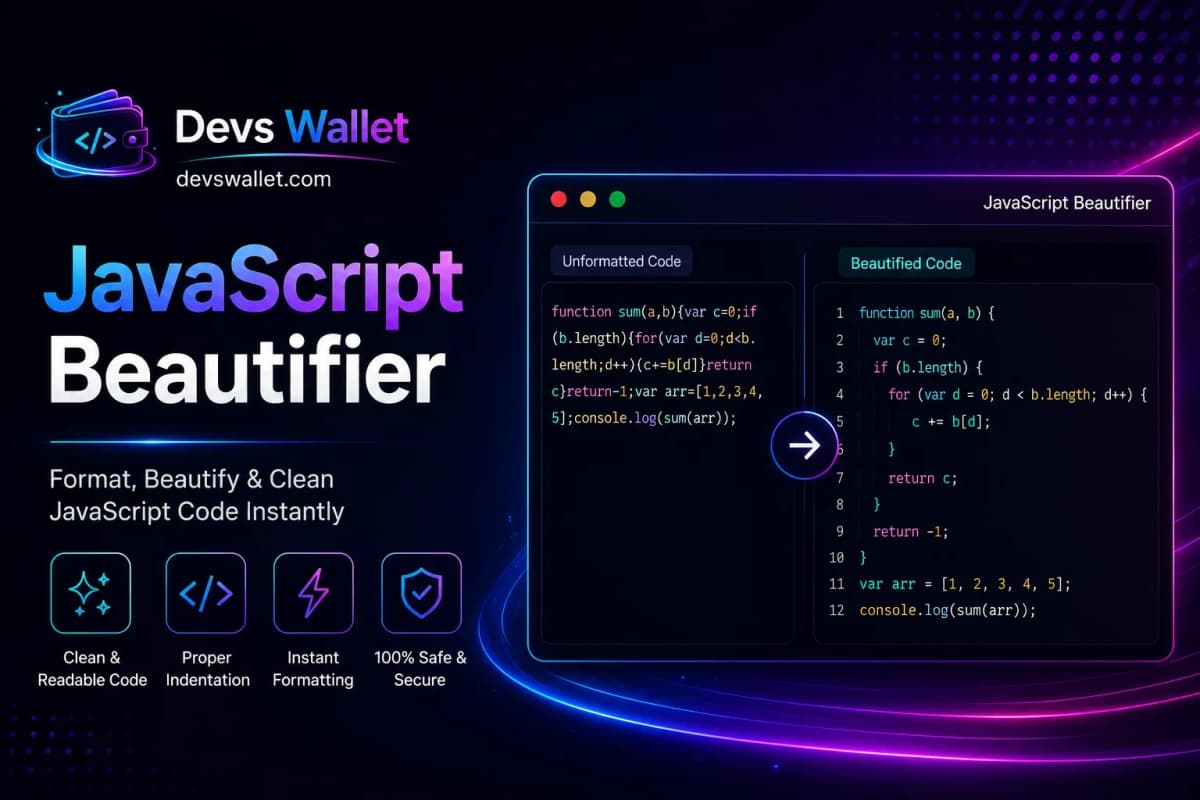 JavaScript Beautifier tool formatting messy JavaScript code into clean readable syntax