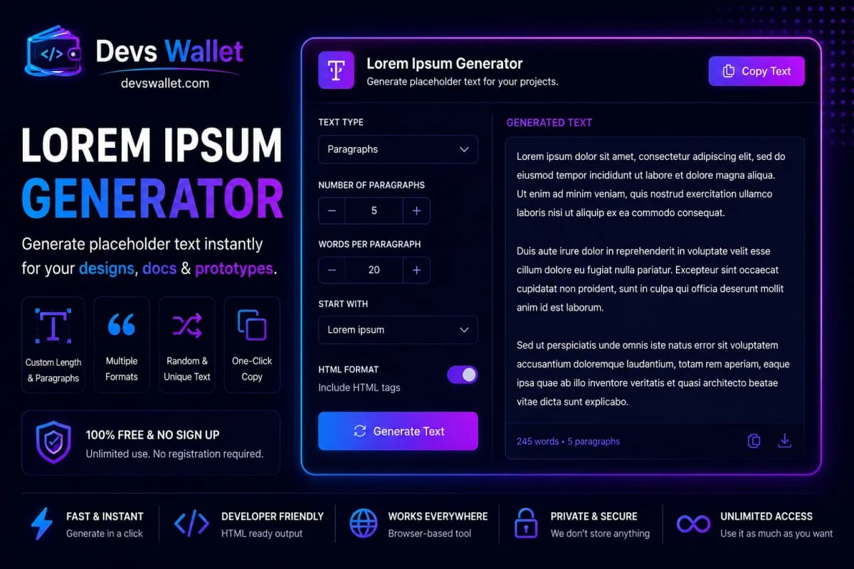 Lorem Ipsum Generator guide featured image showing online placeholder text generator interface